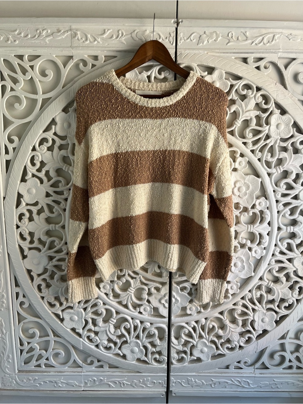 NWT Pink Martini Cozy Striped Boucle Knit Sweater Small Camel Cream